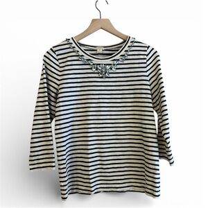 J. Crew Navy White Striped Long Sleeve Top, Med, Jeweled boat neck Coastal